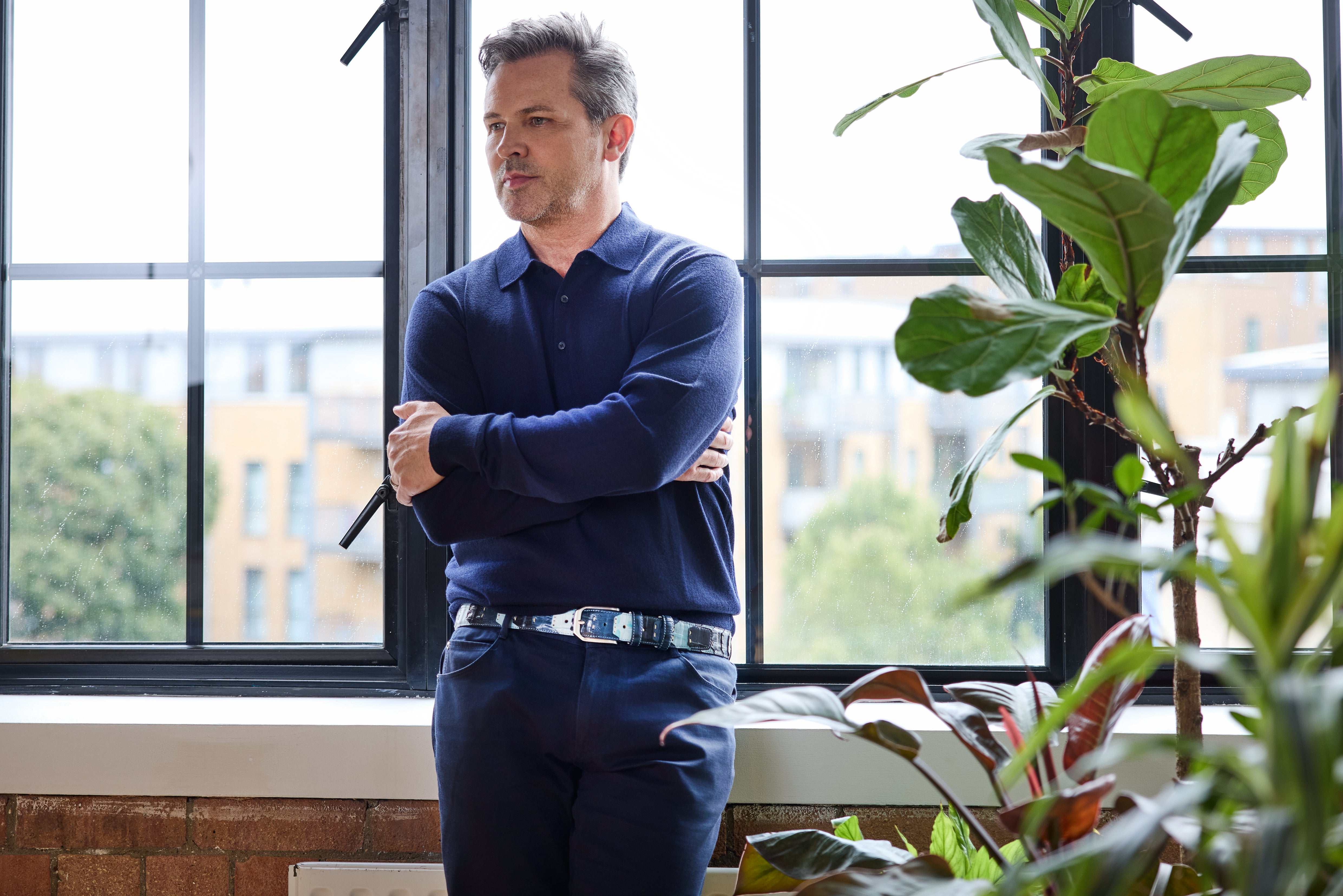 Montana Pale Pale Blue/Navy Mock Alligator Patchwork Belt - Huxley Tanner