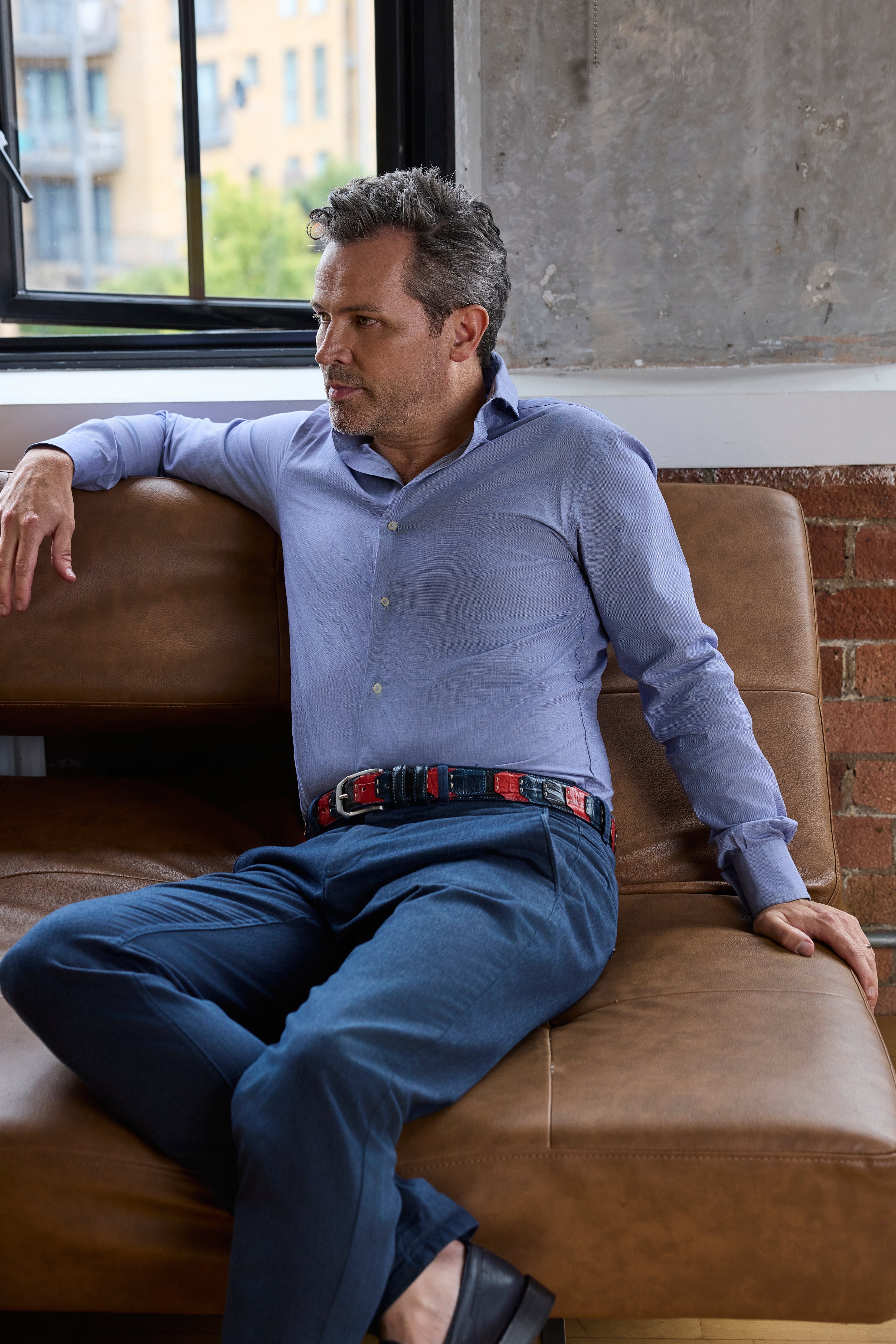 Montana Pale Red/Navy Mock Alligator Patchwork Belt - Huxley 