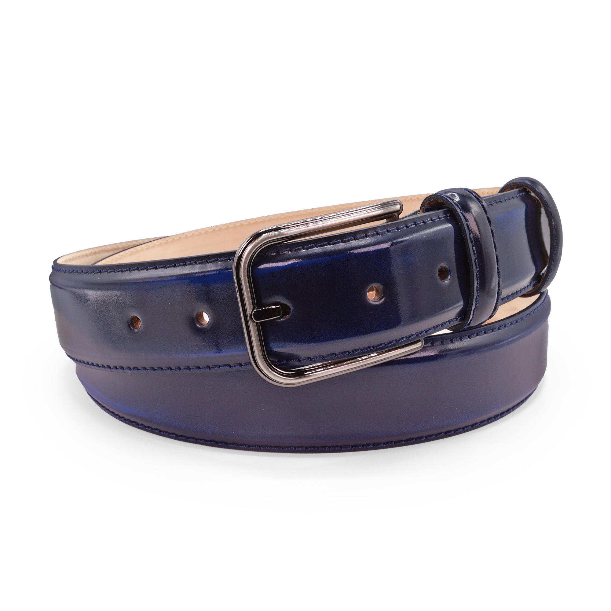 Pele Navy hand burnished polished leather belt 35mm - Huxley Tanner