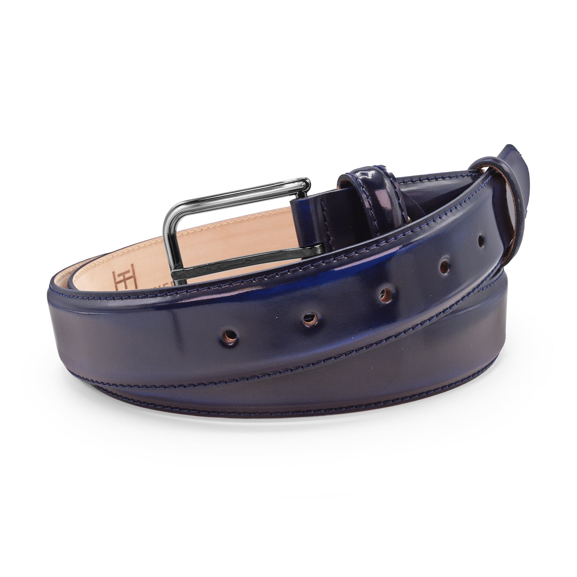 Pele Navy hand burnished polished leather belt 35mm - Huxley Tanner
